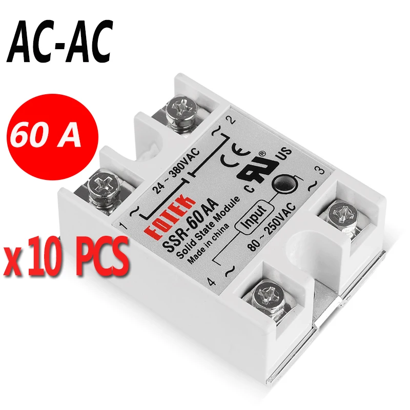 10 pcs SSR 60A Single Phase Solid State Relay SSR-60 AA SSR 80-250VAC TO 24-380VAC AC-AC