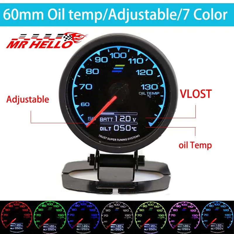 GDy Gauge Oil Temp Gauge 7 Light Color LCD Display With Voltage Oil Temperature Gauge 62mm 2.5