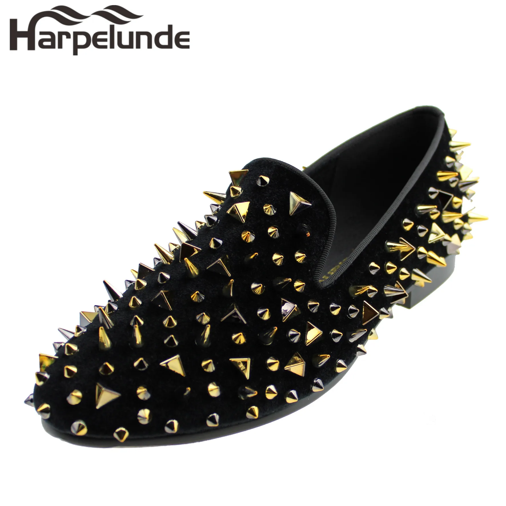 Harpelunde Spikes Black Men Dress Wedding Shoes Slip On Tuxedo Rivets Loafers Studs Velvet Slippers