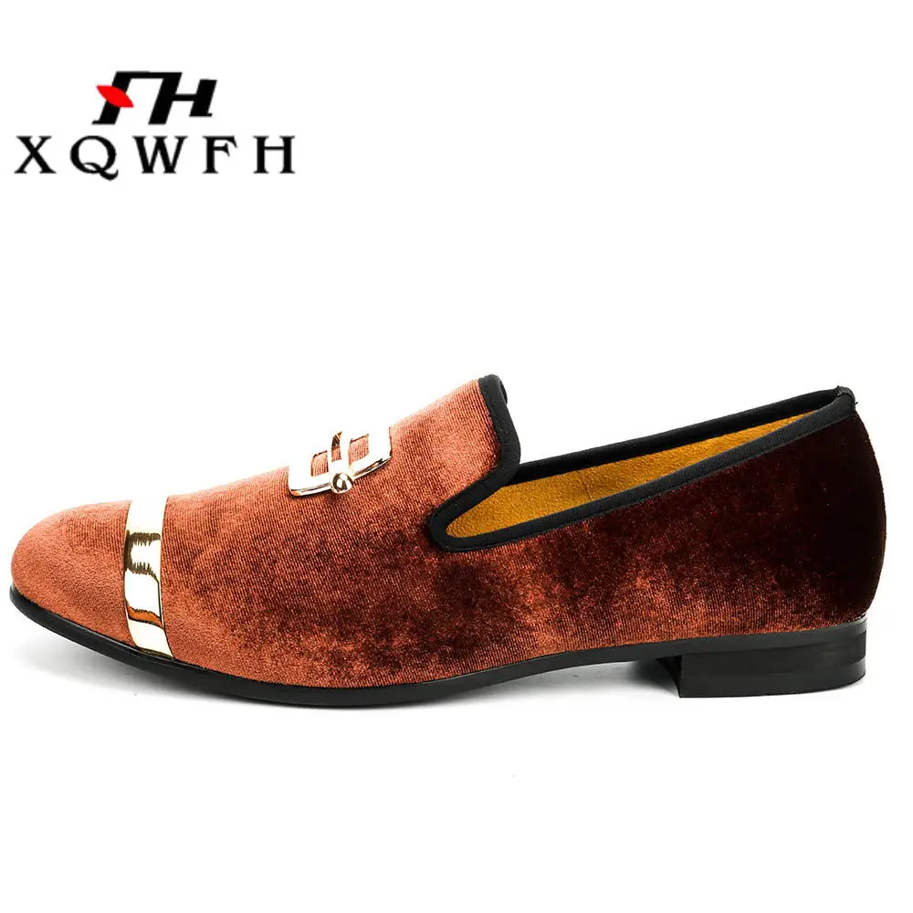 XQWFH High Quality Men Velvet Loafers Luxury Metal Buckle Wedding Dress Shoes Mens Ballroom Dance Nightclub Party Shoes Big Size