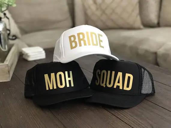 custom Bride squad MOH wedding bridesmaid Bachelorette party Mesh Trucker Snapback trucker hats caps gifts favors decoration