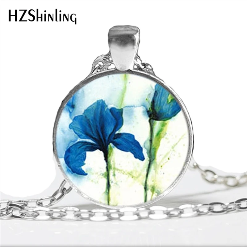 2017 New Trendy Blue Iris Flower Pendant Necklace Handmade Blue Iris Jewelry Classic Round Purple Irises Necklace HZ1