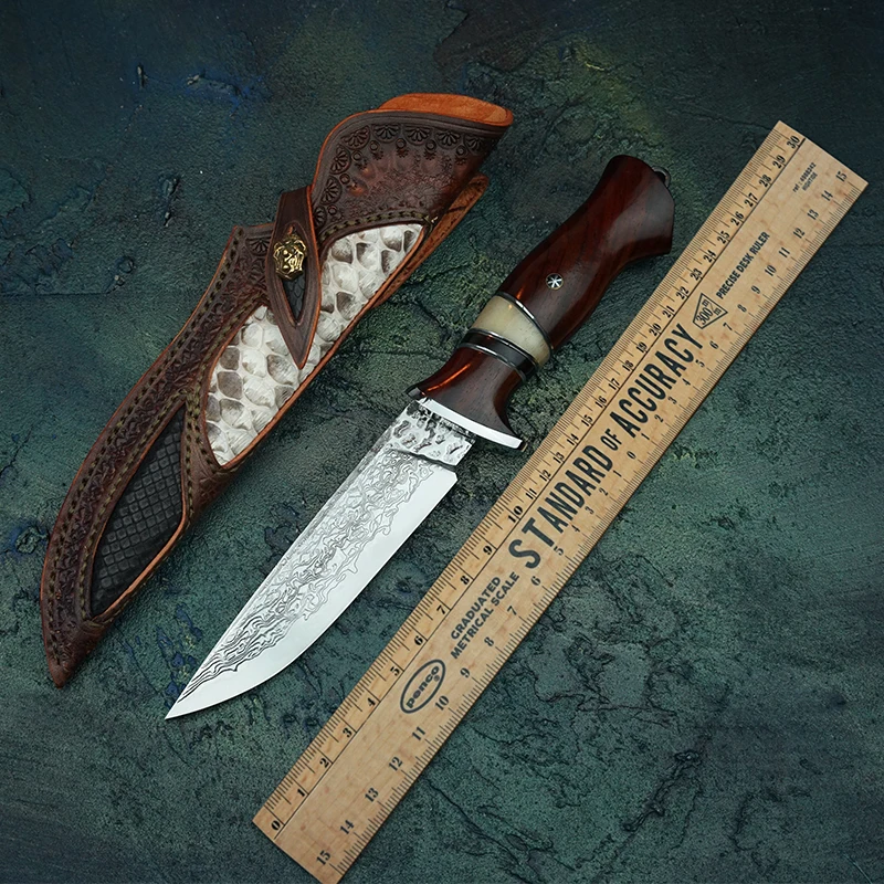 TUREN-VG10 Damascus Steel Fixed Blade Knife With Sheath Outdoor Camping Tools Dalbergia handle Hunting Knives Gift For Men