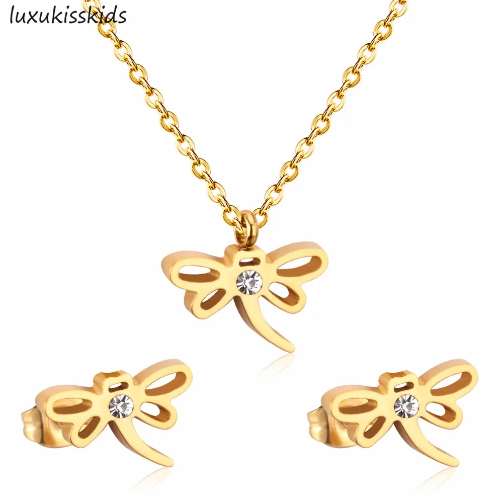 LUXUKISSKIDS New Dubai Wedding Jewelry Set Stainless Steel Gold/Steel Color Cubic Crystal Necklace/Earring Accessoires Femme