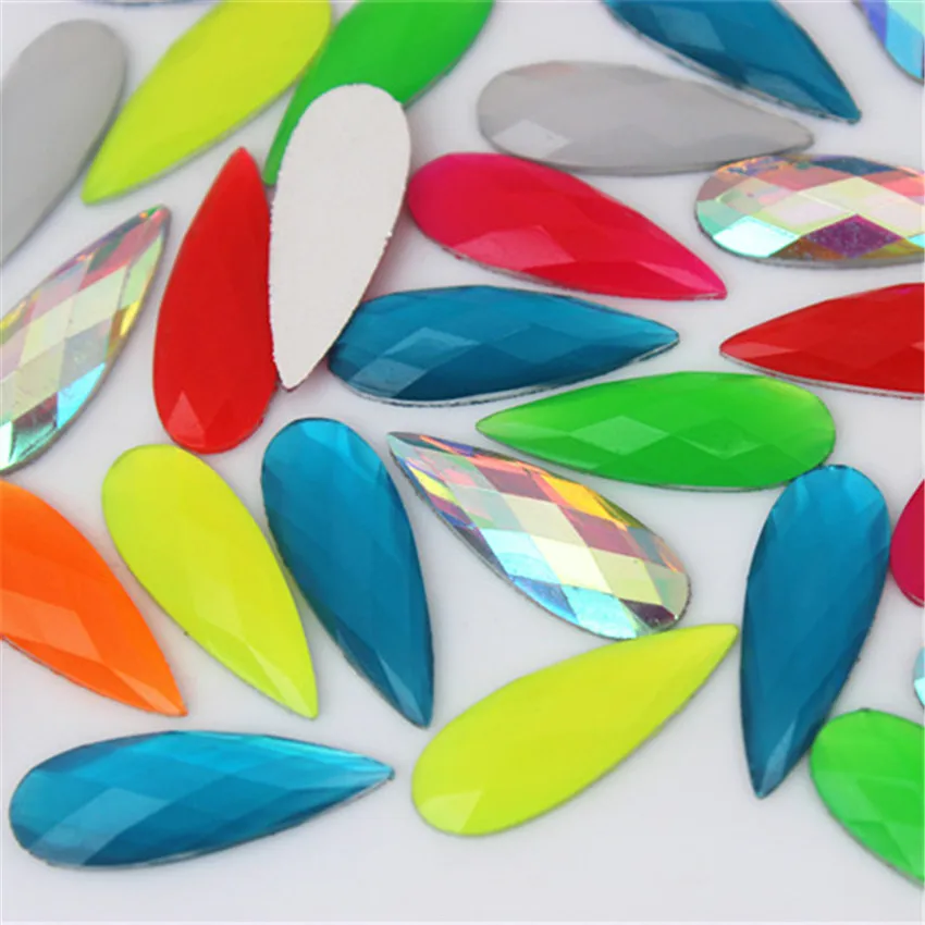 Micui 100pc 8*21mm New Fluorescence Color Drop Resin Rhinestones Flat Back Crystal Applique Stones Non Sewing for Crafts MC316