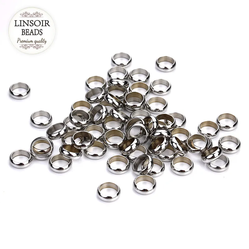 LINSOIR 50pcs/lot Stainless Steel Big Large Hole Beads charm Bracelet Hole 3 4 5 6 8 mm Spacer Beads For DIY Jewelry Making