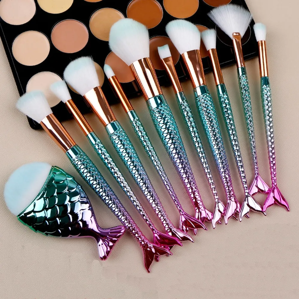 

11pcs Eyebrow Eyeliner Blush Powder Cosmetic Concealer Mermaid shiny color makeup brush set