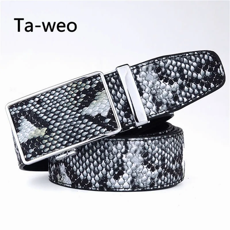 Fashion Men's Leather Belts, Faux Snakeskin Striped Strap Belt High Quality, Designer Casual Automatic Buckle Belts