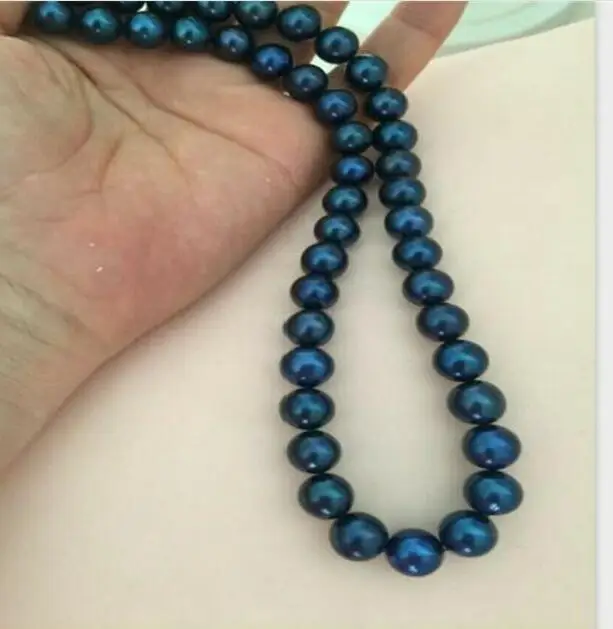 

Fashion Women Party 10-11mm round black blue pearl necklace 18" 36" Yellow clasp