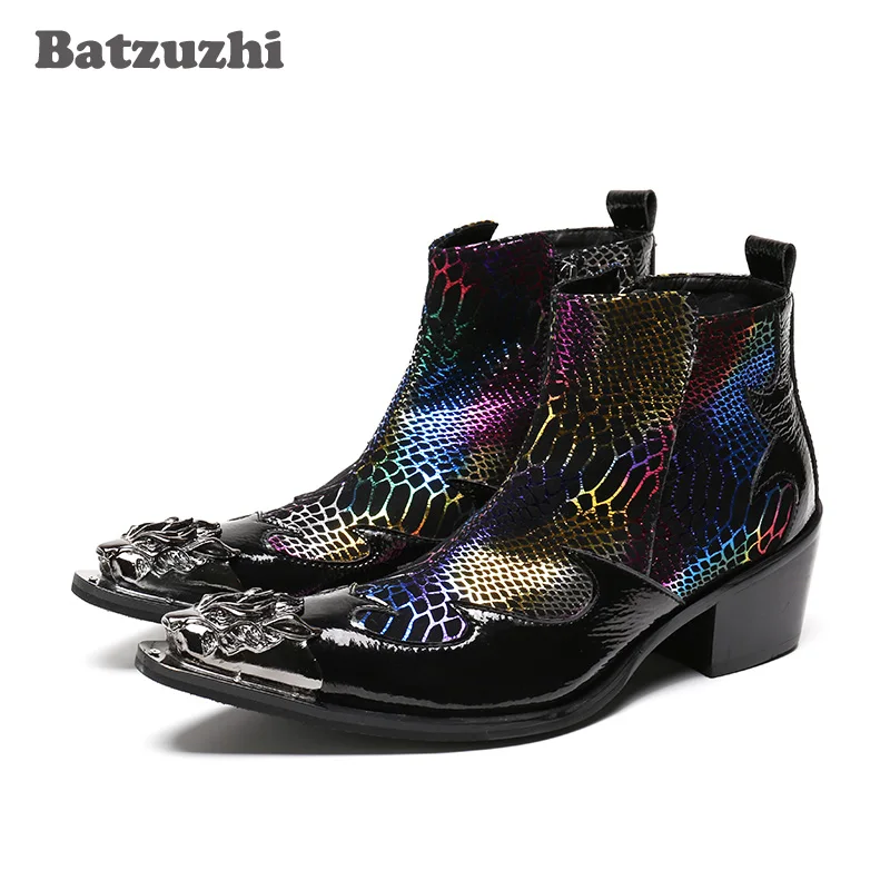 Batzuzhi 100% Handmade Botas Hombre Men Leather Ankle Boots Metal Tip Punk Men's Boots Pointed Toe Botas Militares 6.5cm Heels