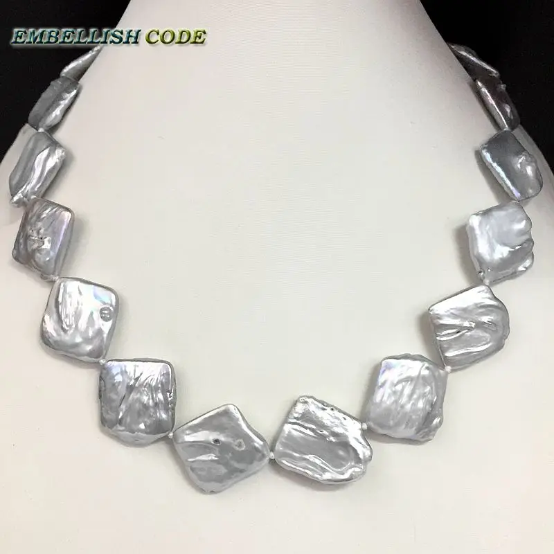 

2018 new kind baroque pearl gray grey choker statement necklace flat block shape natural freshwater pearls fold Orange peel