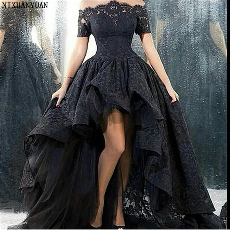 Vestido de novia de encaje negro, vestido de novia corto, frontal, largo, espalda sin tirantes, línea A, largo hasta el suelo