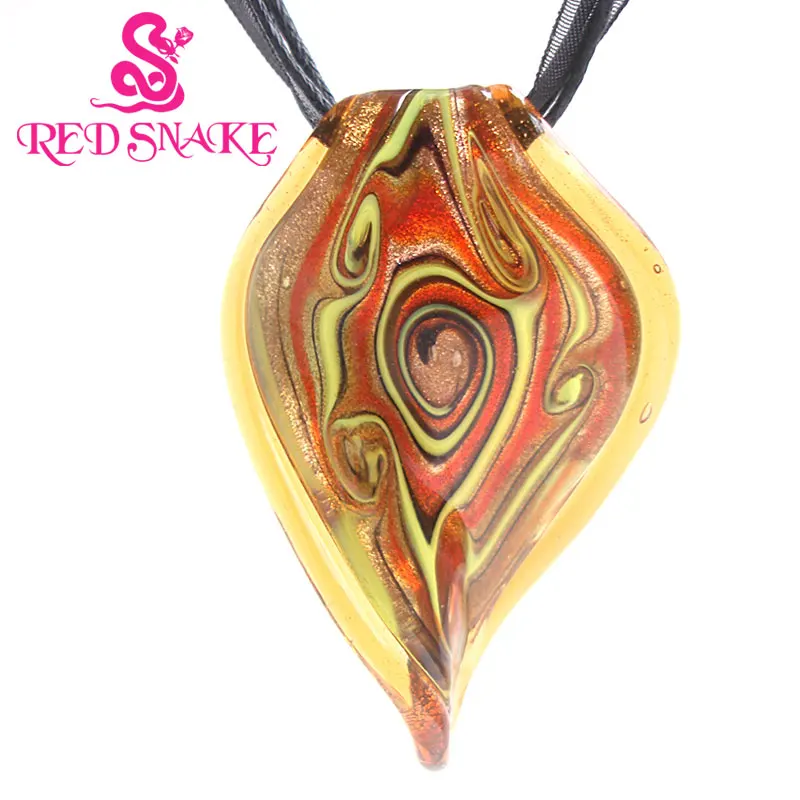 

RED SNAKE Champagne with yellow and red color Leaf Drop Abstract pattern Murano Glass Pendant Necklace