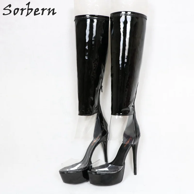 Sorbern Sexy Open Toe Clear Pvc Women Boots Knee High Summer Style Shiny Black Boots High Heels Custom Colors Designer Boots