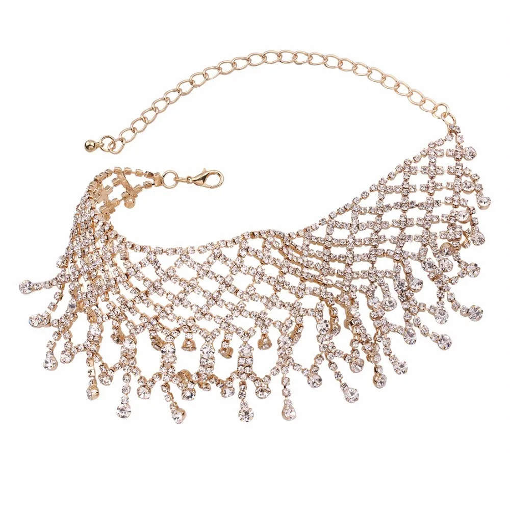 Multilayers Tassel Rhinestone Choker Statement Necklaces For Women Fashion Chockers 2018 Collar Jewelry Party Wedding Necklace