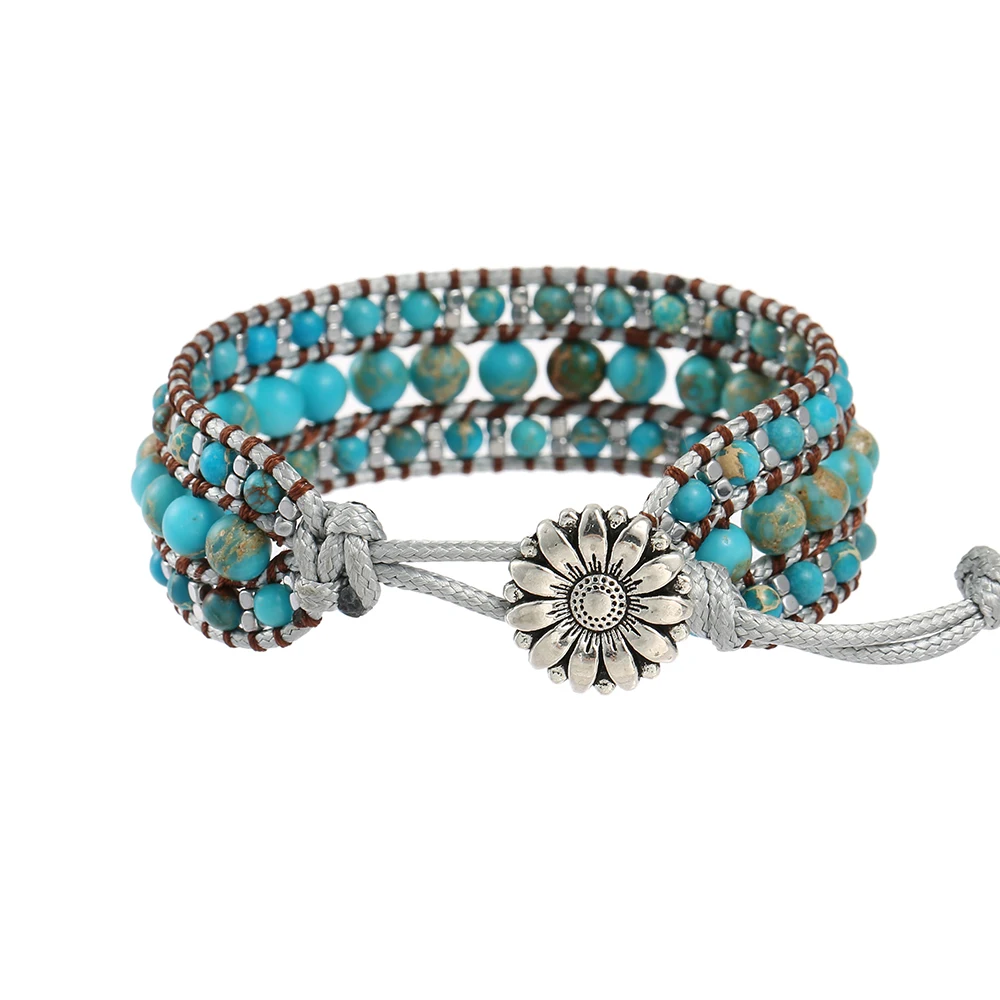 Women and Men Handmade 3 Row Wide Wrap Around Blue Turquoise Adjustable Bracelet Jewelry