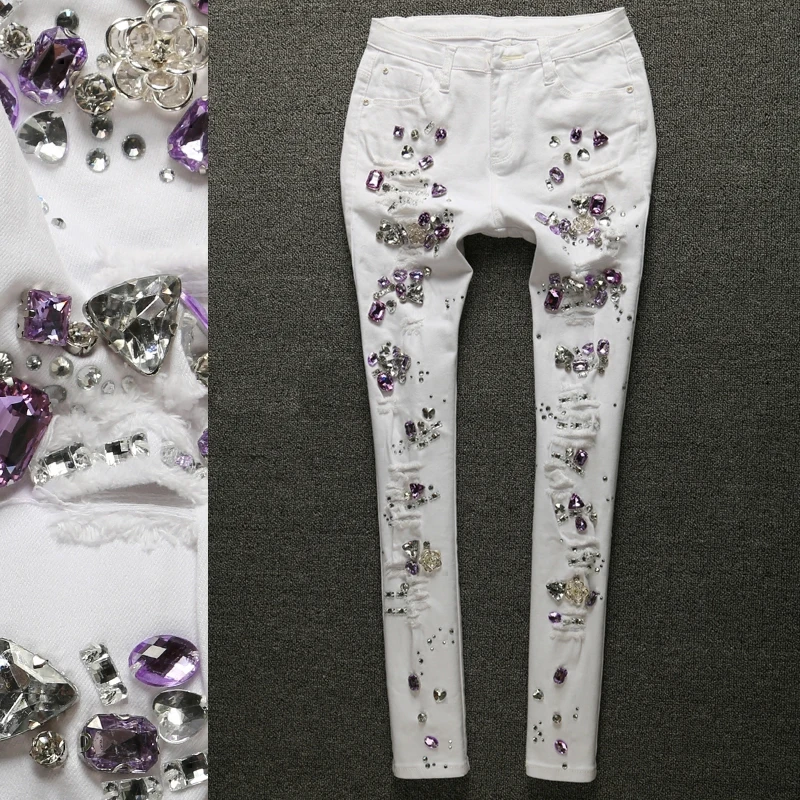 New Embroidered Flares Jeans Woman Fashionable White Hole Ripped Stretch Pencil Pants Diamond Casual Denim Trouser Female