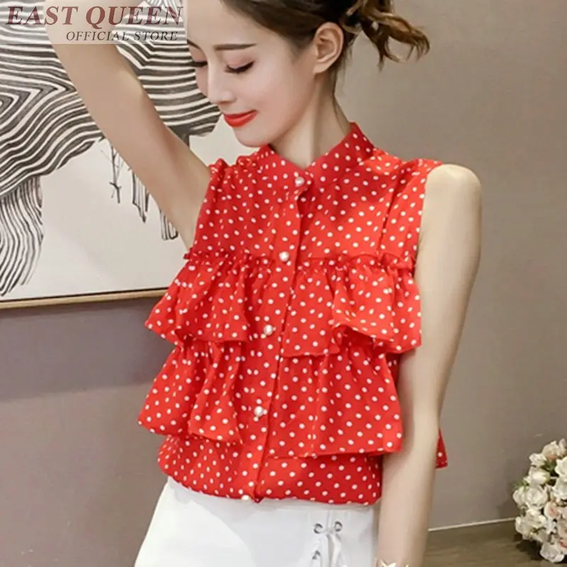 Wanita blus musim panas 2018 berdiri tanpa lengan polka dot print ruffles chiffon blus kemeja wanita fashion wanita tops DD579 L