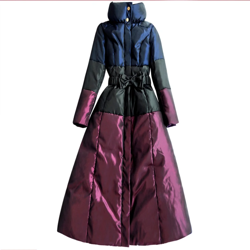 Winter fashion Shiny stand collar hit color duck down coat female zipper stitching oversized super longer warm down parkas wq596