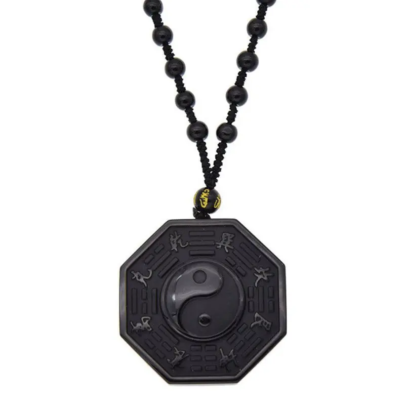 

1 шт., резной кулон с обсидианом на удачу Инь Ян Ба Гуа, ожерелье-амулет, ювелирные изделия, цепочка из бисера ZXY9377