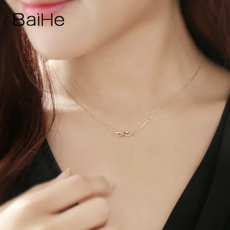 BAIHE Solid 18K Yellow Rose Gold H/SI Natural Diamond Bowknot Necklace Women Trendy Fine Jewelry Collier nœud papillon Collar