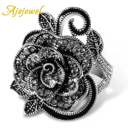 Ajojewel #7-10 Black Rose Flower Big Vintage Rings For Women Unique Retro Crystal Rhinestone Jewelry Luxury Gift