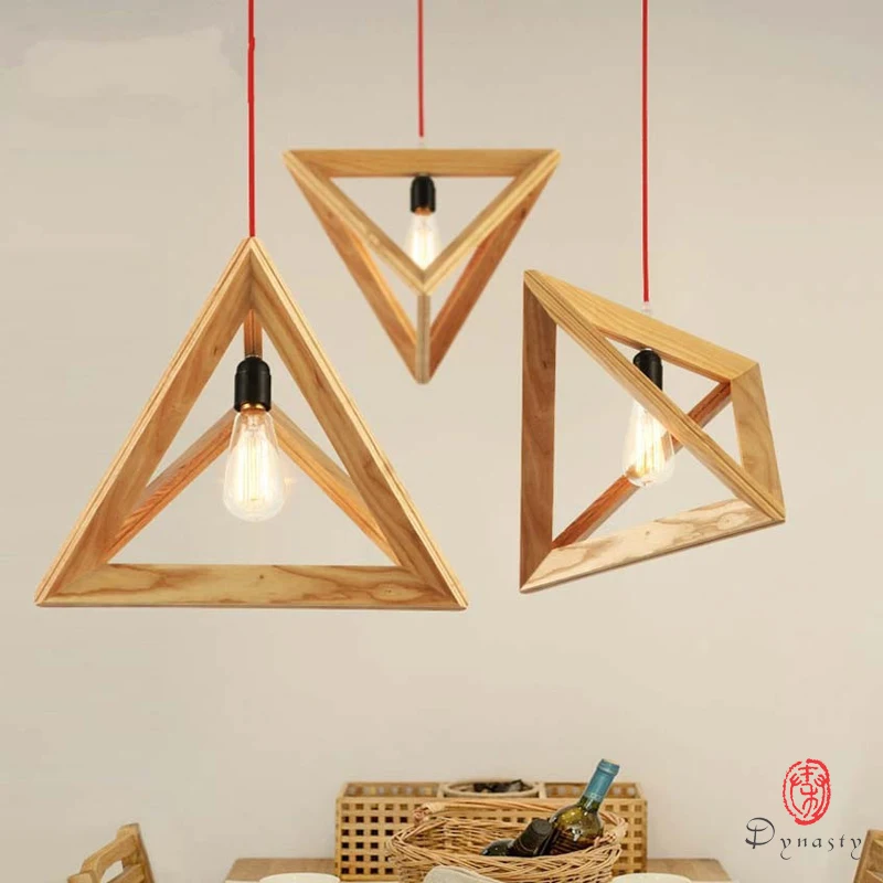 Dynasty Polygon Wooden Hanging Lights Triangle Fancy Oak Pendant Lamp Asia Art Decorative Dining Room Restaurant Hotel Project