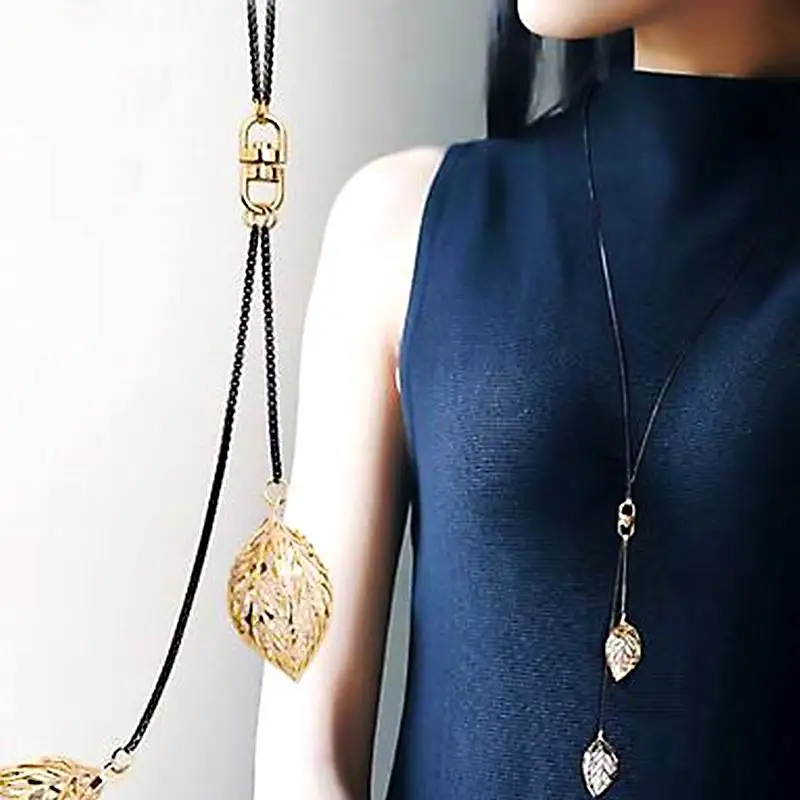 Classic Leaf Tassel Long Necklace Women Bijoux New Fashion Jewelry Black Chain Necklaces & Pendants