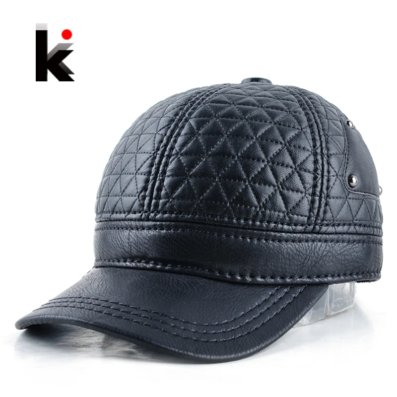 

2018 Mens winter leather cap warm plaid hat baseball cap with ear flaps russia adjustable snapback hats for men casquette