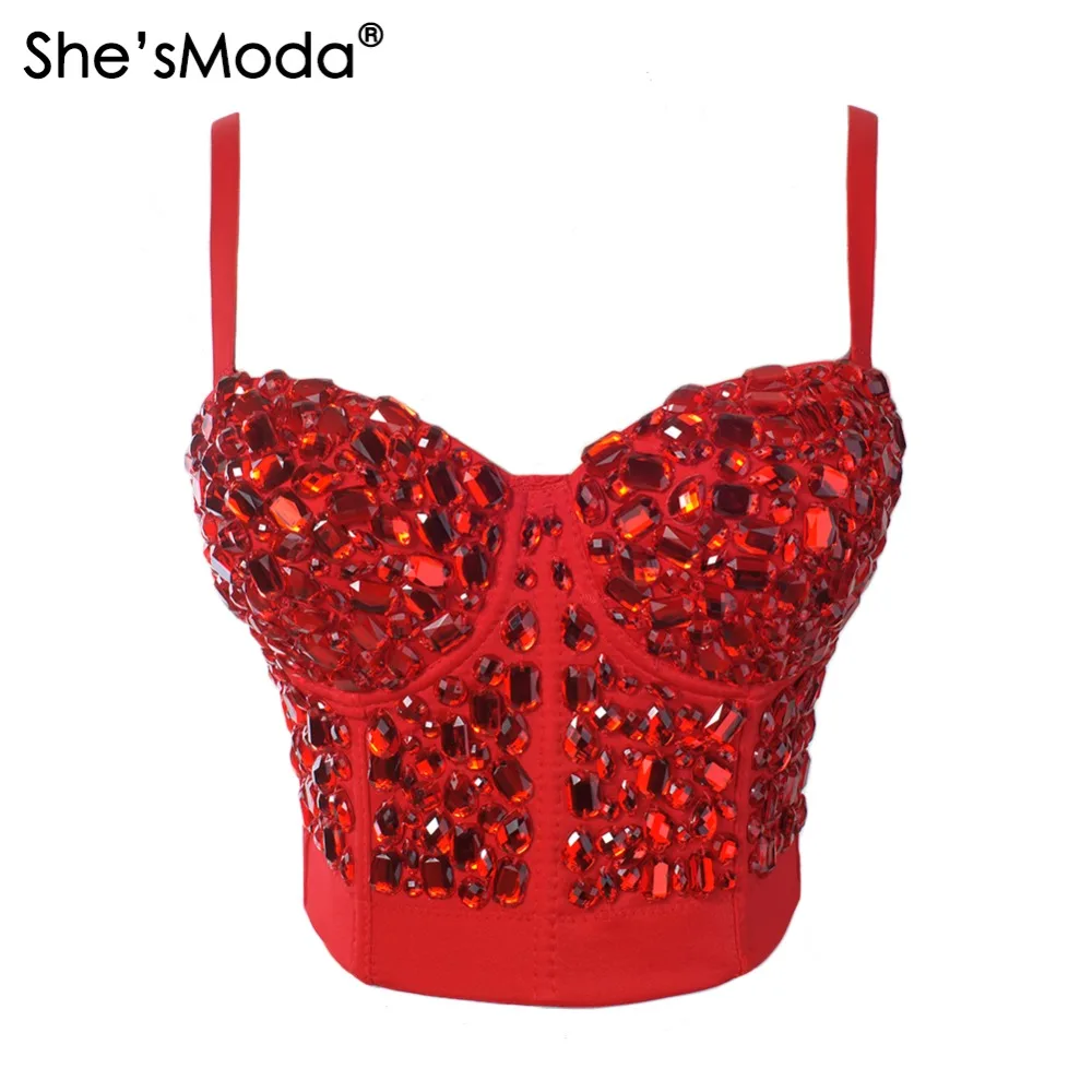 She'sModa Red Rinestone Hand-made Pearls Bralet Corselets Women's Bustier Bra Cropped Top Wedding Bralette Vest Plus Size