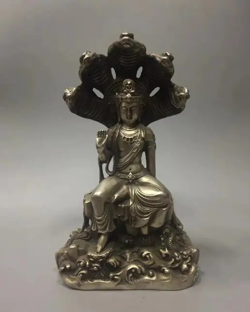 Collection archaize white copper Five head snake Tara bodhisattva Buddha statue