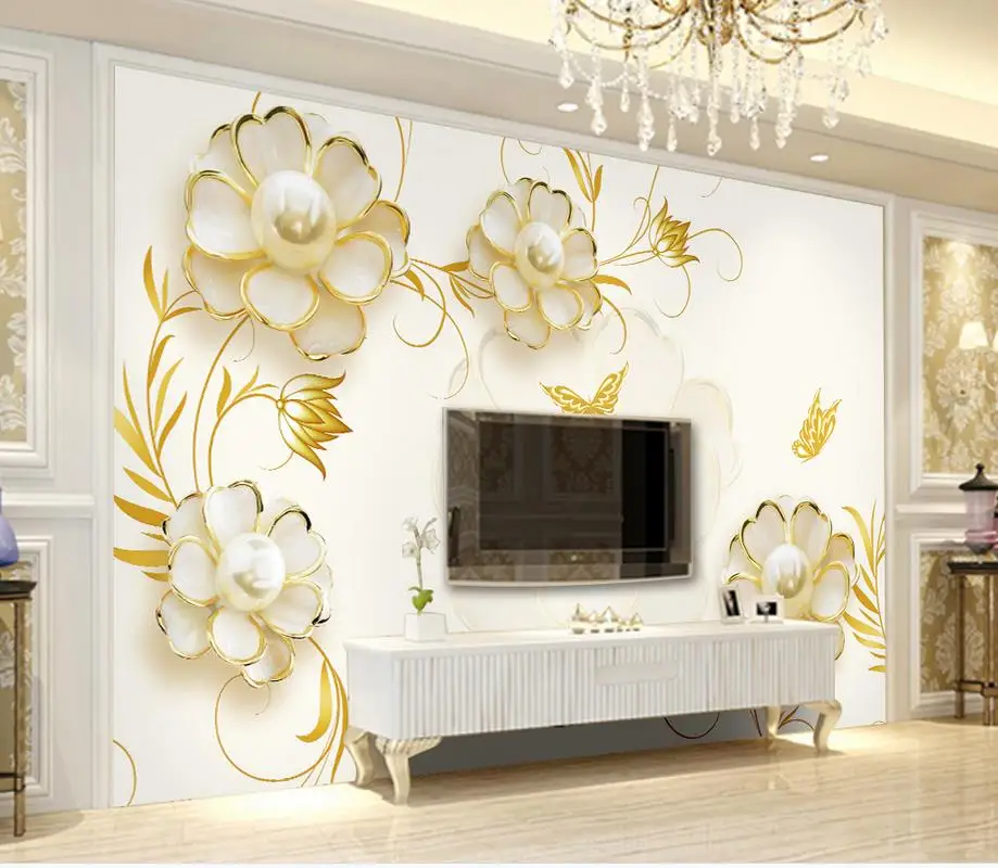 

3d wallpaper for room Simple and elegant pearl flower golden background wallpaper 3d flower custom 3d wallpaper