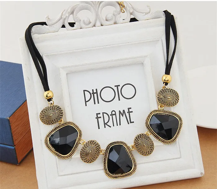 Kymyad Collier Femme Retro Jewelry Black Rope Chain Choker Necklaces Women Resin Stone Pendant Necklace Maxi Colar Necklaces