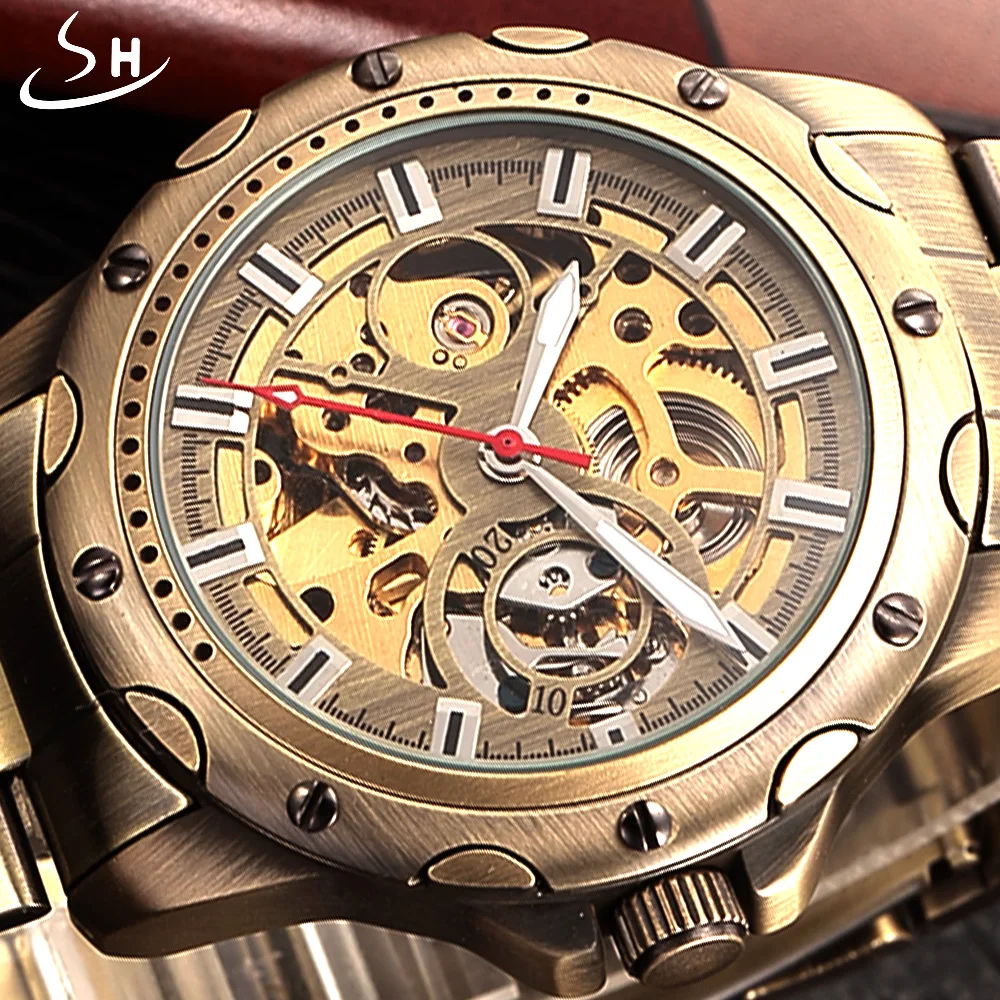 

SHENHUA Bronze Skeleton Mechanical Watch Men Automatic Watch Sport Luxury Top Brand Stainless Watch Vintage Relogio Masculino