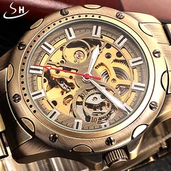 SHENHUA Bronzo Meccanico di Scheletro Della Vigilanza Degli Uomini Automatici Orologio Sport Luxury Top Brand Orologio Inossidabile Dell'annata Relogio Masculino