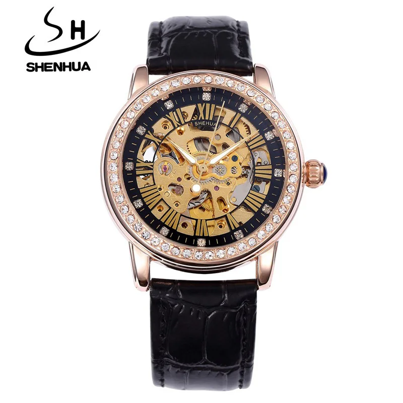 New Automatic Womens Watches Self-Wind Skeleton Watches for Women Luxury Brand Waterproof Mechanical Rhinestone Watches Leather