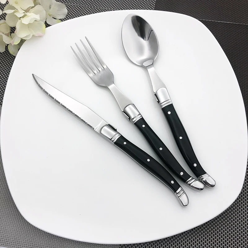 

Кухонные столовые приборы из черного дерева, стильная посуда из нержавеющей стали, набор для свадебной вечеринки, ножи для стейка, вилки, ложка, 3 шт./компл.