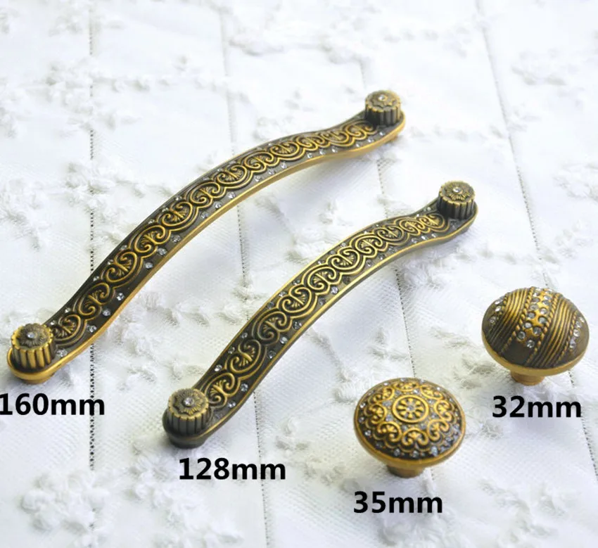 

160mm 128mm european vinatge rhinestone furniture handles glass crystal dresser cabinet handle antique brass drawer knob 6.3" 5"