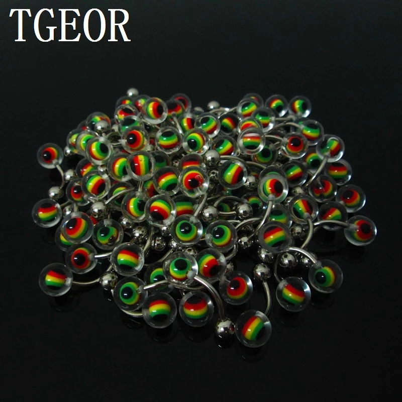 Fashion 1 pair 1.4*10*5/8mm mixed colors inlay rasta reggae balls UV acrylic piercing navel belly button ring free shipping