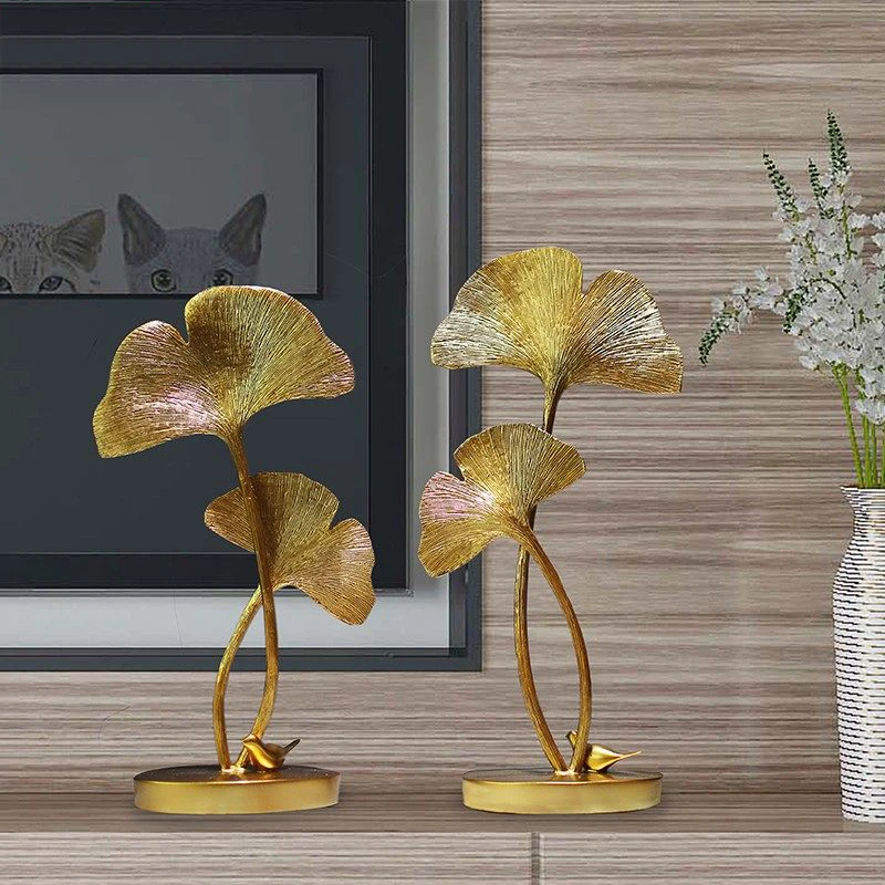 

European Gold Ginkgo Biloba Figurines Accessories Home Livingroom Hotel Resin Plant Crafts Office Desktop Ornaments Decoration