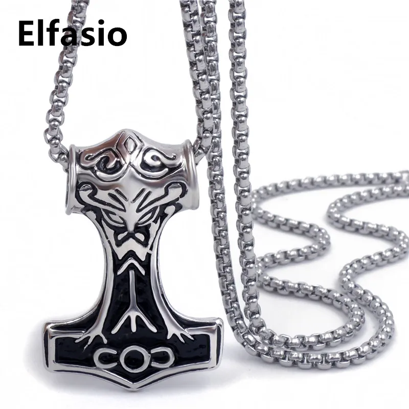 Mens Boys Pewter Pendant Necklace Silver Gold Myth Thor's Hammer Norse Magick Mjolnir Stainless steel Chain P293silver