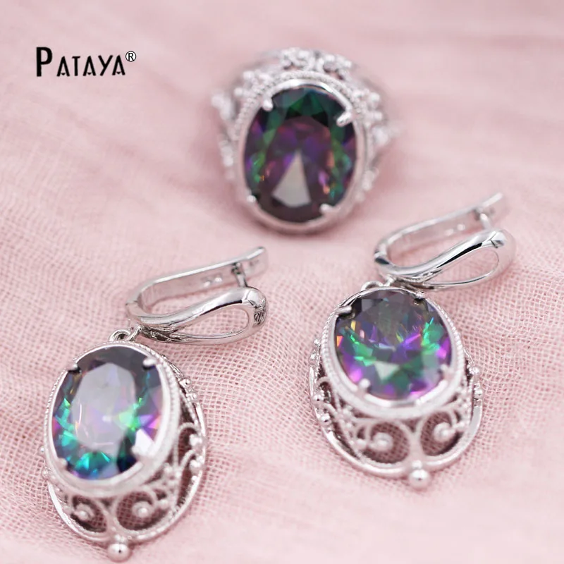 

PATAYA New True White Gold Color Jewelry Sets Rainbow Crystal Oval Zircon Wedding Bridesmaid Summer Bride Earrings Ring Jewelry