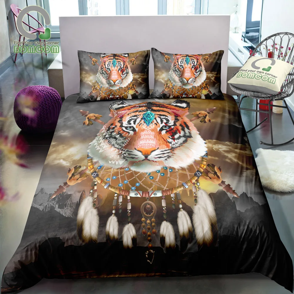 BOMCOM 3D Digital Printing Bedding Set Hand Drawn Tatoo Tiger Face Dreamcatcher Spear 3-Pieces Duvet Cover Sets 100% Microfiber