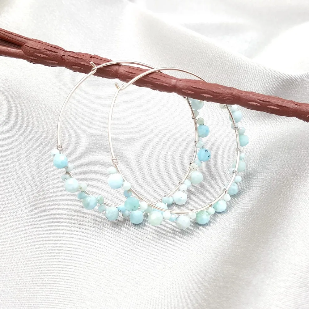 LiiJi Unique Natural Stone Blue Larimar 925 Sterling Silver Big Hoop Handwork Earrings Women Fashion Daily Jewelry