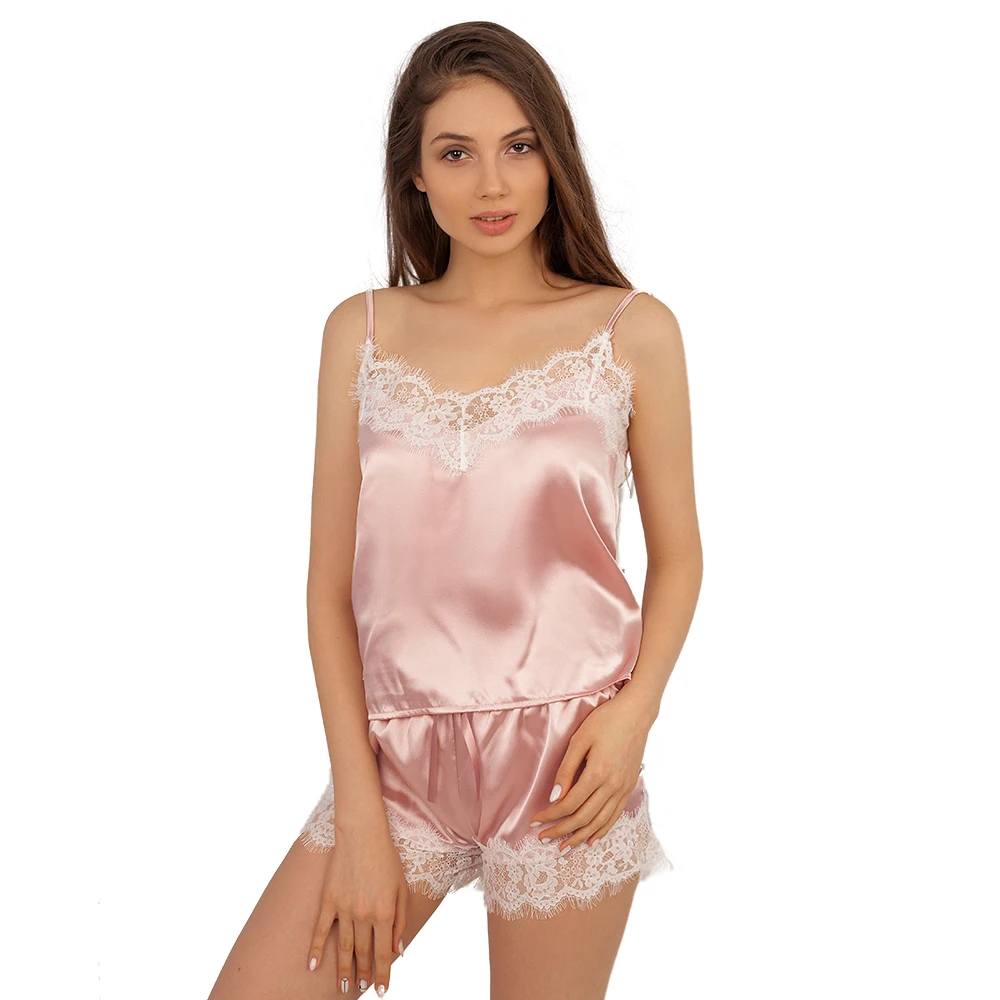 Satin Pajamas Set Lace Trim Pijama Short Pant Sexy Cami Bridal Sleepwear Suit For Women