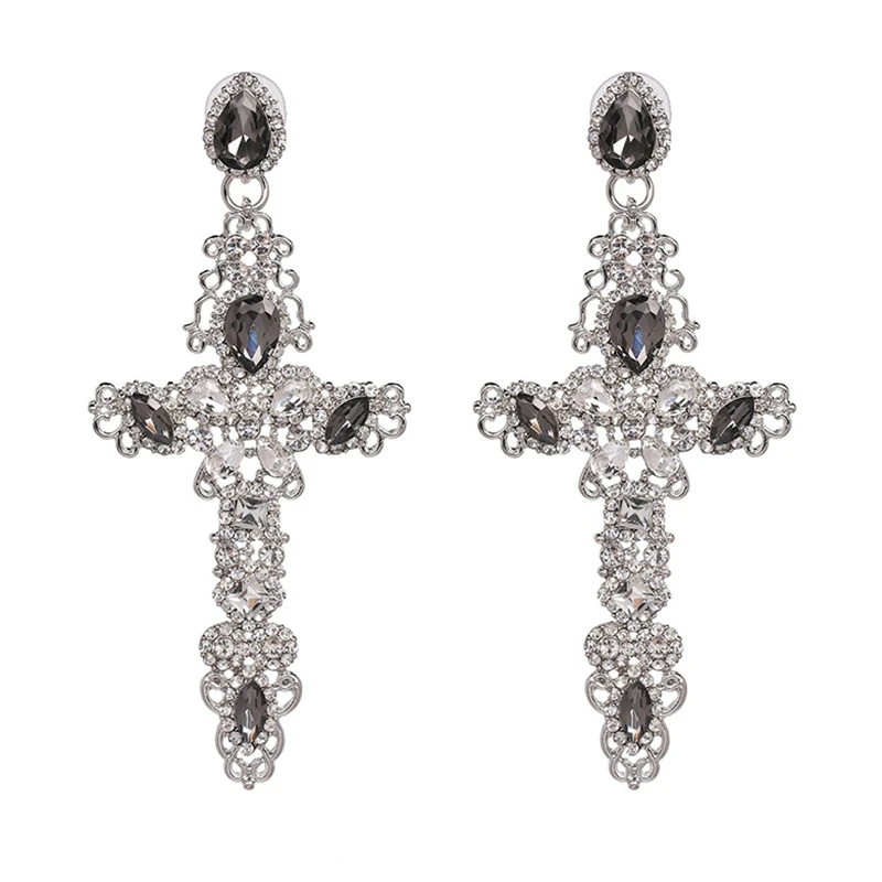 Baroque Golden Cross Female Earrings Large Long Earrings Jewelry Rhinestone Pendant Earrings Bijoux 2019