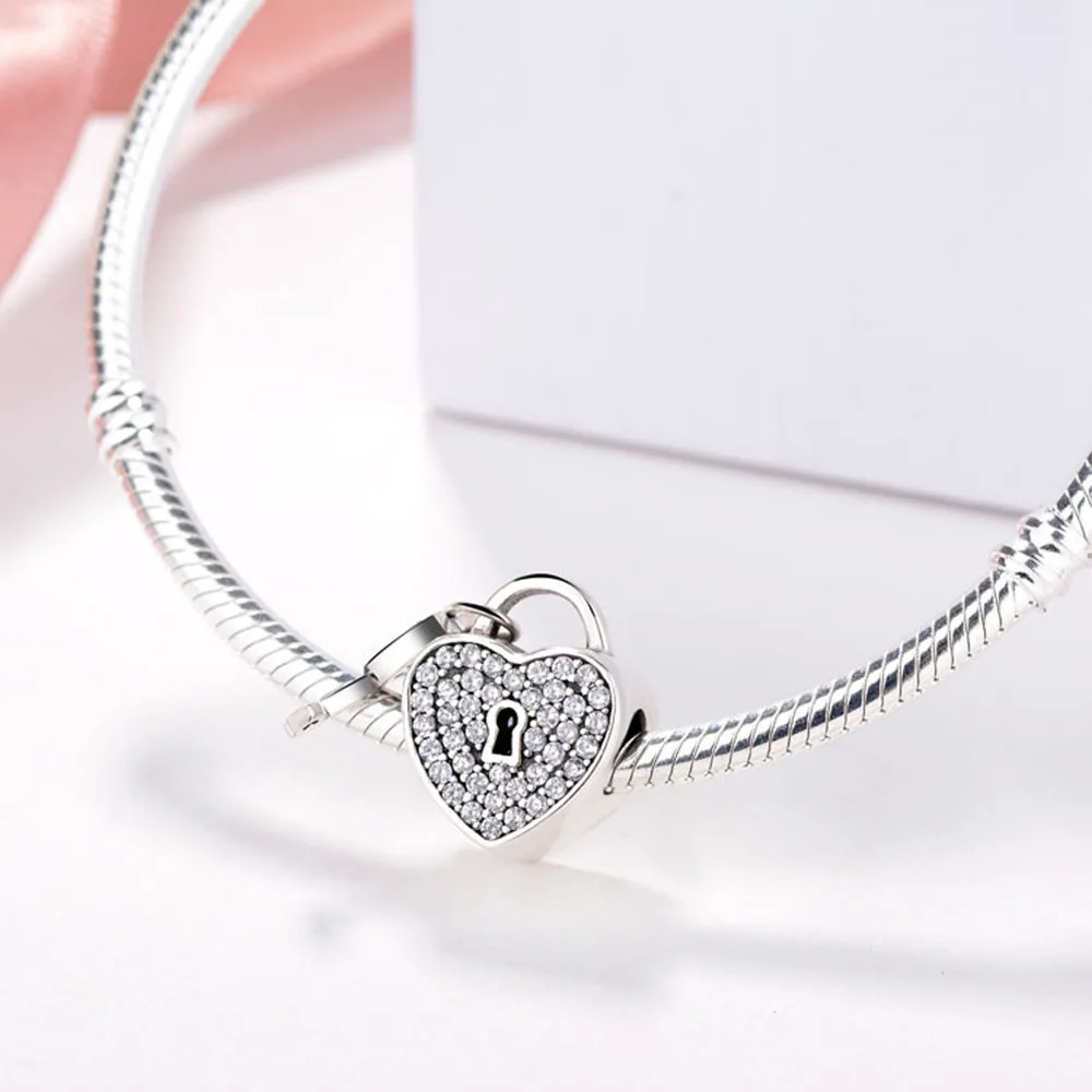 Authentic 925 Sterling Silver Charm Bead Heart Lock Crystal Beads For Original Pandora Charm Bracelets & Bangles Jewelry
