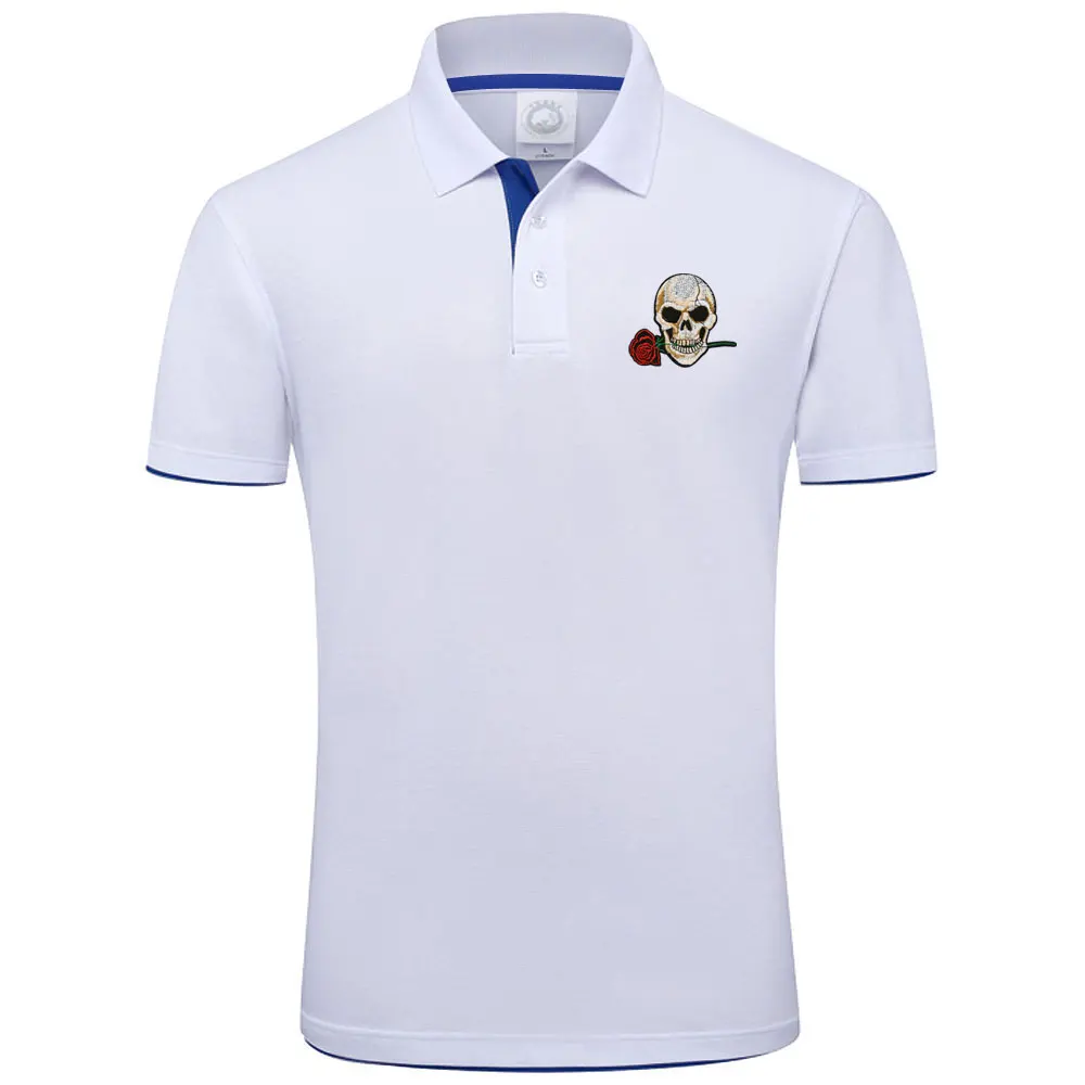 New Arrival Fashion Rose Skulls Embroidery Camisetas Contton Short Sleeve Polo Shirt Men\'s Summer Casual Polos Shirts 15 Colors