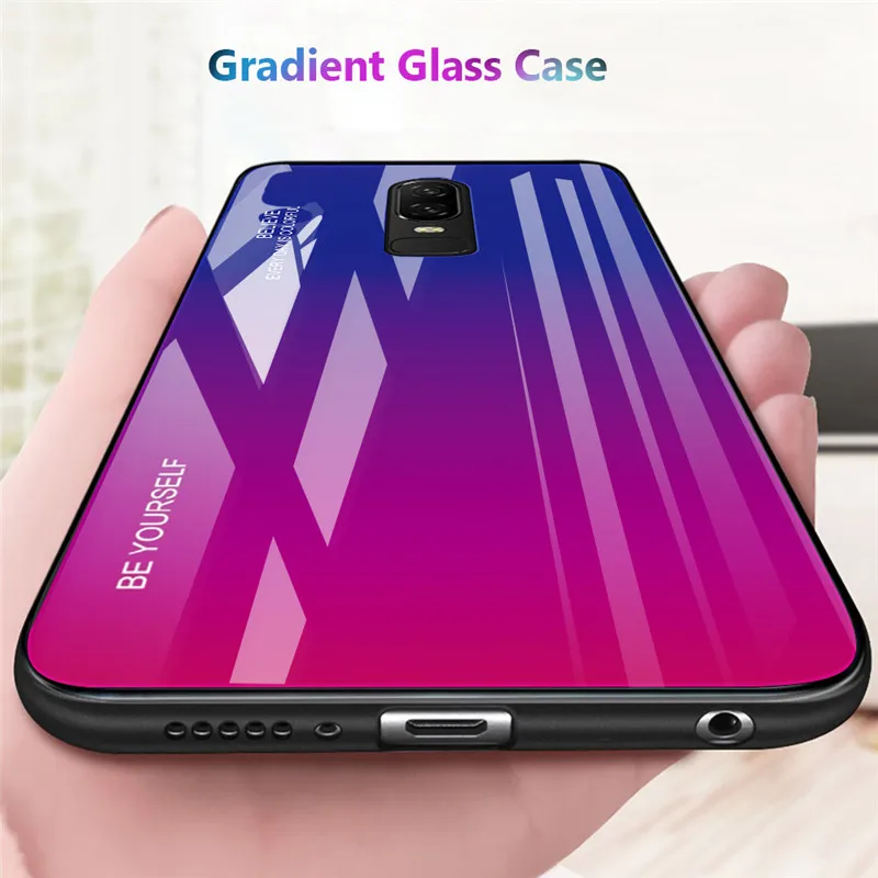 Ultra Thin Gradient Glossy Tempered Glass Mobile Phone Bag Hard Case For Oneplus 6t Colorful Luxury Back Cover Protective Shell