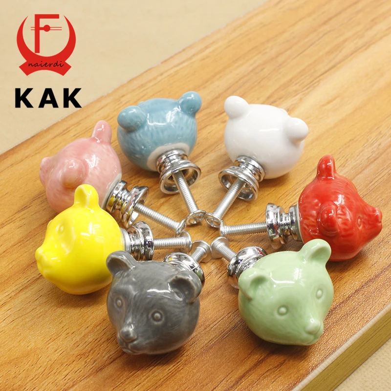 KAK Ceramic Bear Drawer Knobs 3D Cartoon Cabinet Cupboard handles Novelty Creative 7 color Fashion Furniture Handles Hardware